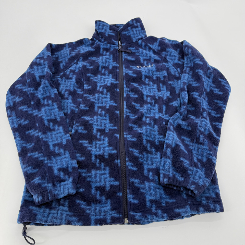 Columbia Patterned Fleece Jacket Sweater full zip women size S Blue & Navy